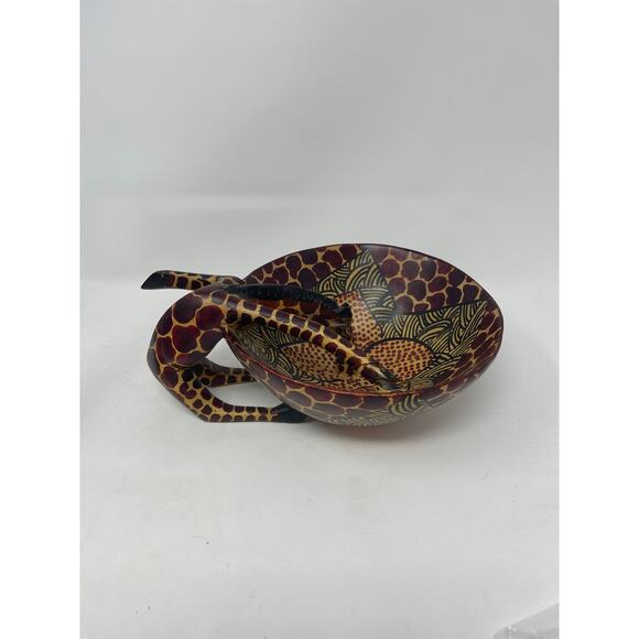 African Hand Carved Olive Wood Giraffe Drinking From Bowl Trinket Dish Vintage - Picture 7 of 13